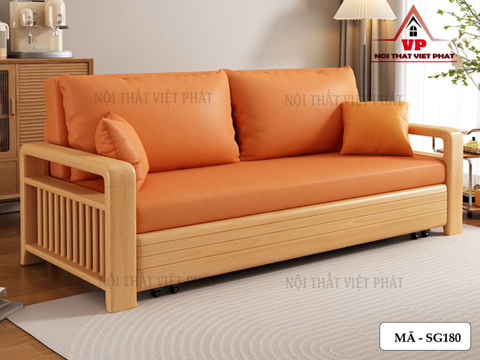 Sofa Giường Khung Sắt Tay Gỗ Mới - Mã SG180 1 Sofa Giường Khung Sắt Tay Gỗ Mới